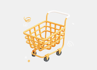 3D Shopping cart for purchases. Online shopping concept. Floating empty yellow basket for products. Minimal design. Cartoon creative icon isolated on white background. 3D Rendering © accogliente