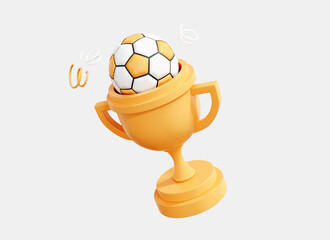 3D Trophy cup and soccer ball. 1st place award. Football game and gold reward. Winner concept. Victory prize icon isolated on white background. Cartoon creative design illustration. 3D Rendering © accogliente