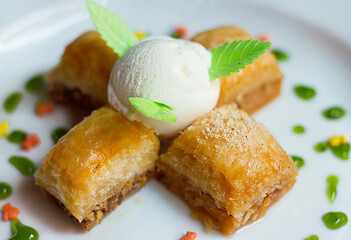 Turkish Traditional Baklava Dessert With Ice Cream