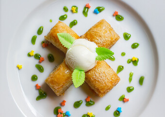 Turkish Traditional Baklava Dessert With Ice Cream