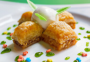 Turkish Traditional Baklava Dessert With Ice Cream