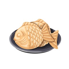 Taiyaki, Japanese cake of fish shape vector illustration. Cartoon isolated traditional sweet pancakes with bean paste, creative Asian biscuits on plate, street food dessert and snack from Japan