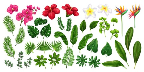 Tropical flowers and leaves, botanical set vector illustration. Cartoon isolated green leaf of palm trees, foliage of tropic jungle, exotic beach plants and fresh nature of summer paradise island - obrazy, fototapety, plakaty