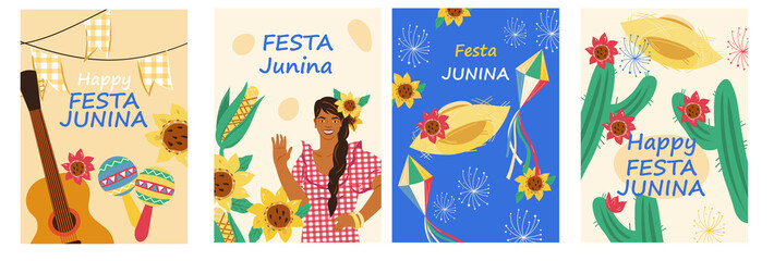 Festa Junina festival banners or posters bundle. Brazilian Traditional Festa Junina holiday cards and promo posters collection, flat vector illustration.