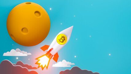 Bitcoin rocket flying into space and the moon background. 3d render.