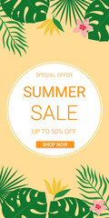 Fototapeta na wymiar Summer sale flyer template with tropical leaves and flowers. Vector illustration