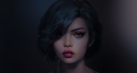 Portrait of a beautiful young girl with dark hair. Close-up, female face, beauty, sketch. New world. Dark background. Young woman. 3D illustration.