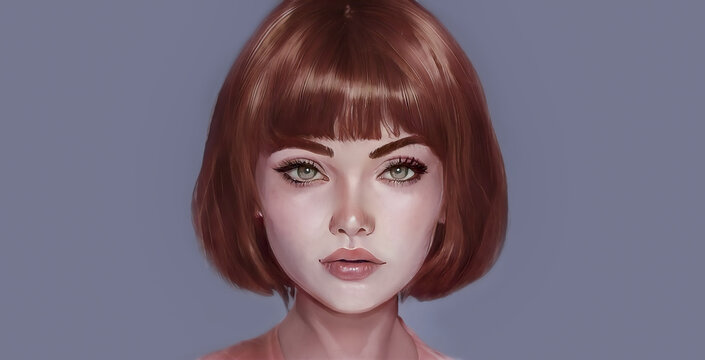 Portrait of a beautiful young girl with red hair. Close-up, female face, beauty, sketch. Hot girl. 3D illustration.