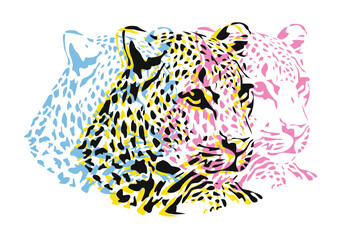 t-shirt design of a leopard head in different colors. Vector design for a poster.