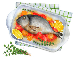 Dorado fish baked with tomatoes and lemon