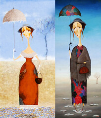 oil painting of a girl with an umbrella, middle times, summer and winter, two in one. poverty and wealth