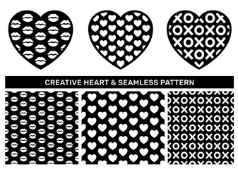 Set of contour heart with love texture and abstract black valentine seamless pattern. Creative romantic icon vector design element and seamless texture swatch for decorative textile print design