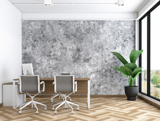 Industrial minimalist style office room with manager  desk, wood floor and concrete wall. 3d rendering