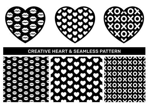 Set of contour heart with love texture and abstract black valentine seamless pattern. Creative romantic icon vector design element and seamless texture swatch for decorative textile print design