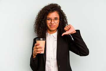 Young business Brazilian woman holding take away coffee isolated on white background showing a...