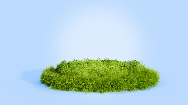 Grass podium, on a blue background. Grass circle, copy space. 3d rendering.