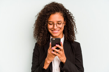 Young business Brazilian woman holding mobile phone isolated on white background