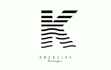 Letter K logo design with black lines. Vector illustration with wavy lines.