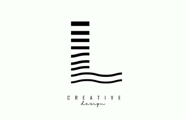 Letter L logo design with black lines. Vector illustration with wavy lines.