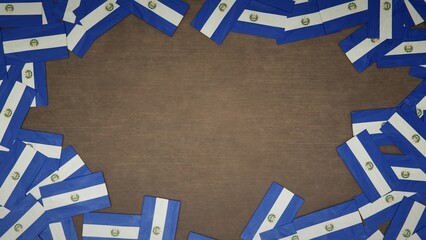 Frame made of paper flags of El Salvador arranged on wooden table. National celebration concept. 3D illustration