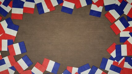 Frame made of paper flags of France arranged on wooden table. National celebration concept. 3D illustration