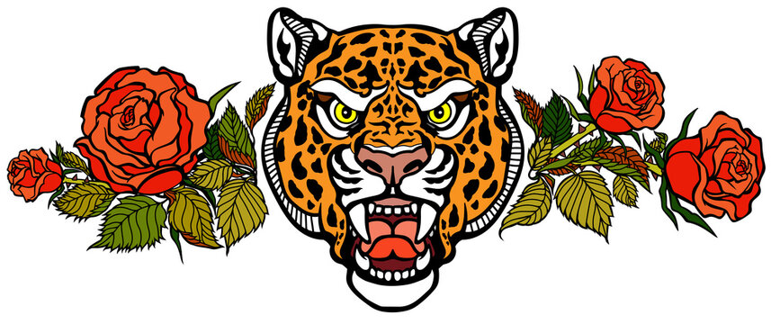 The head of leopard and blooming roses. Angry roaring spotted panther. Front view. Tattoo style vector illustration