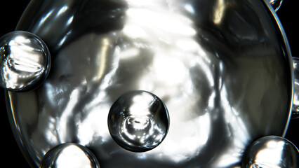 Realistic 3D illustration of the liquid silver metallic sphere with orbital rolling small liquid silver metallic spheres as satellites rendered as background