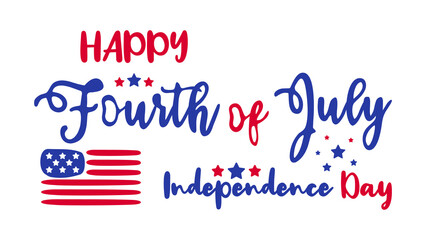 4th of July Independence day of United States of America handwritten brush calligraphy, simple cartoon looking flag, stars and stripes. Vector illustration