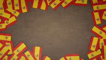 Frame made of paper flags of Spain arranged on wooden table. National celebration concept. 3D illustration