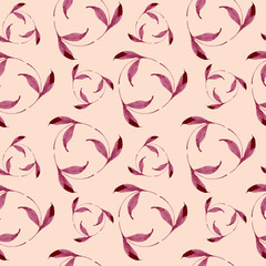 Watercolor seamless pattern with red leaves, leaf circles on pink background. Perfect for textile, fabric, wrapping paper, wallpaper, packaging.