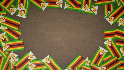Frame made of paper flags of Zimbabwe arranged on wooden table. National celebration concept. 3D illustration