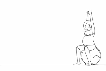 Single one line drawing yoga for pregnant woman concept. Fitness sport during pregnancy. Healthy lifestyle and relaxation. Girl with fitness ball. Continuous line design graphic vector illustration