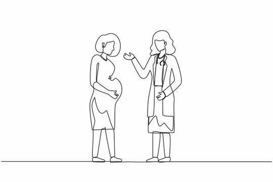 Single one line drawing cute pregnant woman at doctor's appointment. Woman expecting baby visits doctor's office, examination during pregnancy. Continuous line draw design graphic vector illustration