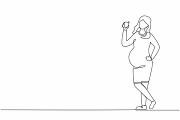 Single continuous line drawing happy beautiful pregnant woman holding green apple. Pregnancy and motherhood concept eating healthy fresh fruit food. One line draw graphic design vector illustration