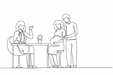Single one line drawing family expecting child visiting doctor isolated on white background. Physician consulting pregnant woman with husband. Continuous line draw design graphic vector illustration