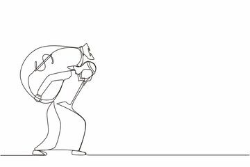 Single continuous line drawing Arab businessman carrying big and heavy money bag on his back. Financial problem, taxation burden or business debt, deadline concept. One line draw graphic design vector