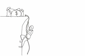 Continuous one line drawing Arabian businesswoman doing rope climbing towards money bag. Climber hanging on rope, pulling himself on top of rocky mountain wall. Single line draw design vector graphic