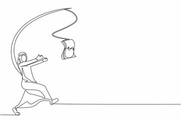 Single continuous line drawing greedy Arabian businessman or manager is running after money. Greedy man in business suit with attached rod and dollar. One line draw graphic design vector illustration