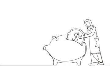 Continuous one line drawing Arab businesswoman putting dollar coin into piggy bank. Money savings, personal investment, finance, funding, bank deposit, capital accumulation. Single line design vector
