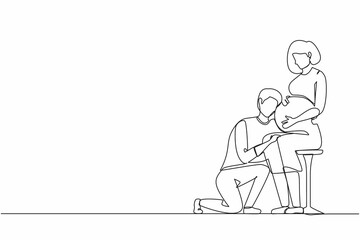 Single one line drawing husband kneel down and listening to his pregnant wife belly, expecting new born baby. Man hugs pregnant woman. Modern continuous line draw design graphic vector illustration