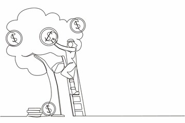 Single one line drawing Arab businessman picking dollars from money tree. Money plant. Business growth, financial success concept. Investment and banking income. Continuous line design graphic vector