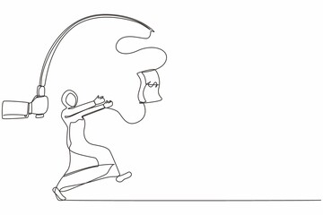 Continuous one line drawing hand with fishing pole and dollar cash control greedy Arab businesswoman under hypnosis. Woman running after dangling dollar, trying to catch it. Single line design vector