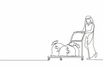 Continuous one line drawing Arabian businessman push cart with money bags. Reward or profit concept. Man employee with salary. Investor carries money to startup. Single line draw design vector graphic