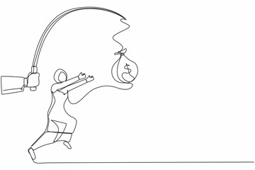 Continuous one line drawing hand with fishing pole and money bag control greedy Arab businesswoman under hypnosis. Woman running after dangling money bag, trying to catch it. Single line design vector