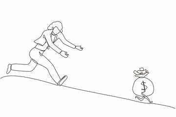 Single continuous line drawing businesswoman chasing money bag dollar run away. Concept of achieving goals and profits, striving for success, running for money. One line draw graphic design vector