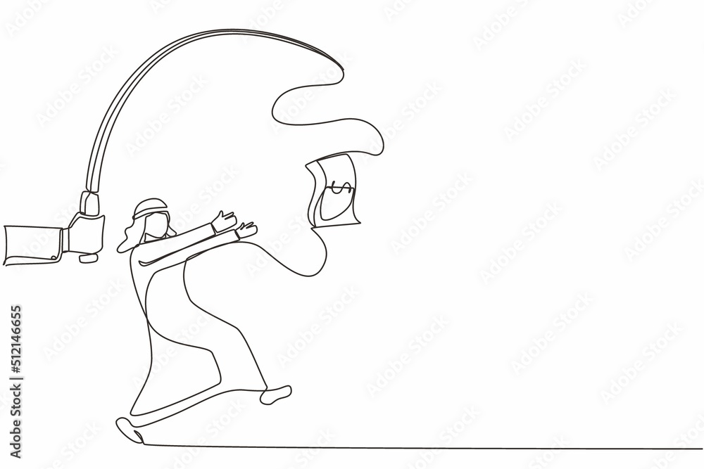 Poster continuous one line drawing hand with fishing pole and dollar cash control greedy arab businessman u