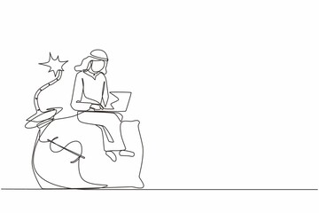 Single one line drawing Arab businessman sitting on huge bomb with burning fuse and money bag. Financial problem, taxation burden or business debt, deadline. Continuous line draw design graphic vector