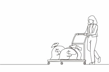 Single one line drawing businesswoman push cart with money bags. Reward or profit concept. Woman employee with salary. Investor carries money to startup. Continuous line draw design graphic vector