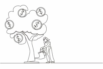 Single continuous line drawing Arabic business investment with money tree illustration. Man watering tree with coins dollar symbols. Business development, profit growth. One line graphic design vector