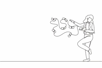 Single one line drawing happy businesswoman millionaire throw out pile of money banknotes flying into the air. Success and wealthy fortune entrepreneur. Continuous line draw design graphic vector